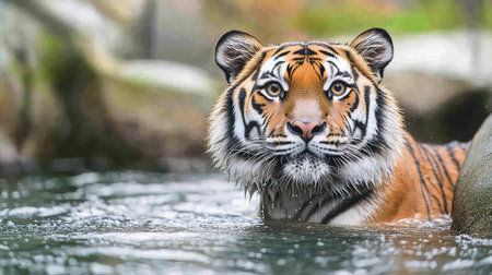A stunning portrait of a majestic tiger swimming gracefully in crystal clear water, surrounded by lush greenery, showcasing its captivating gaze and powerful presence.の素材