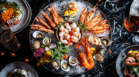 A stunning seafood platter featuring a variety of fresh shrimp, oysters, and crustaceans elegantly arranged on ice, perfect for any upscale dining occasion.の素材