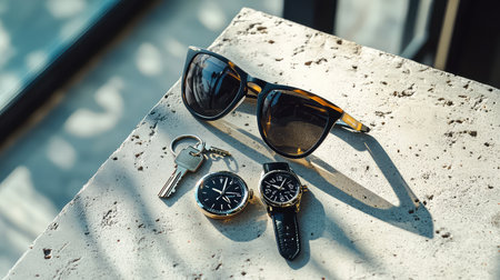 A beautifully arranged collection of stylish accessories featuring sunglasses, two watches, and a key. The scene is enhanced by natural light and shadows, creating a modern and elegant atmosphere.の素材
