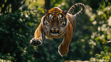 A stunning image of a tiger leaping through lush greenery, showcasing its strength and agility in a natural habitat. The focus on its fierce expression captures the essence of wildlife.の素材