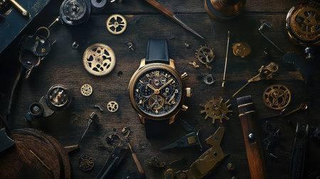 A stunning chronograph watch displayed among various vintage watchmaking tools and intricate gears on a dark wooden surface, showcasing craftsmanship.の素材