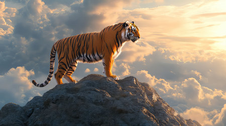 A striking image of a majestic tiger perched atop a rocky outcrop, gazing over a breathtaking landscape filled with dramatic clouds at sunset.の素材