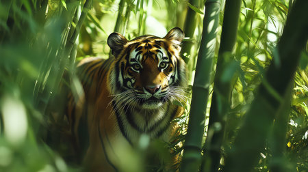 A striking tiger carefully navigates through a dense bamboo forest, embodying the essence of wild beauty and nature's harmony.の素材