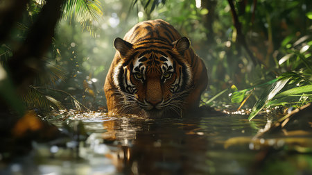 A striking tiger prowls stealthily through a vibrant jungle, its magnificent stripes contrasting with the lush greenery and shimmering water.の素材