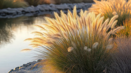 This tranquil scene captures golden grasses gently swaying by a calm water body at sunset, showcasing natureの素材
