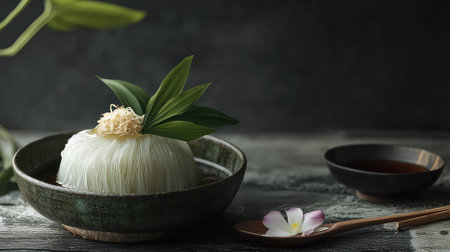 A beautifully styled bowl of Asian noodles garnished with green leaves and a delicate flower, set against a rustic backdrop, ideal for food enthusiasts.の素材
