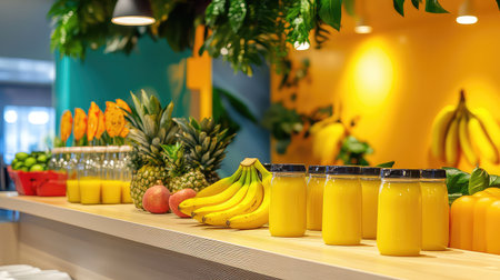 A visually appealing arrangement of fresh fruits and vibrant juices in a modern cafe. The setting features bright colors and healthy snacks that invite a healthy lifestyle. Perfect for showcasing nutrition and refreshment.の素材