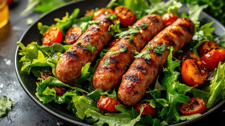 This mouthwatering image features juicy grilled sausages served on vibrant greens with sweet cherry tomatoes and fresh herbs, perfect for any meal.の素材