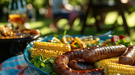 A beautifully arranged plate featuring grilled sausages and corn in a vibrant outdoor setting, perfect for summer gatherings and BBQ celebrations.の素材