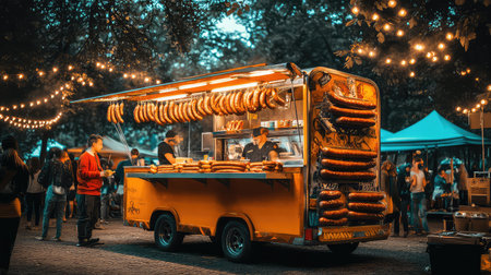 A lively food truck serves grilled sausages at a bustling night market, enhanced by glowing string lights and a vibrant crowd, creating a warm, inviting atmosphere.の素材