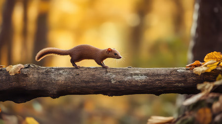 A charming small mammal gracefully navigating a fallen branch in a warm autumn forest, surrounded by colorful leaves and soft natural light.の素材