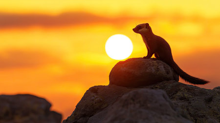 A stunning silhouette of a small animal perched on a rock against a breathtaking sunset, capturing the essence of nature's beauty and tranquility.の素材