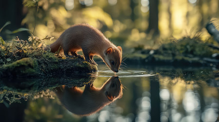 A solitary mammal leans towards calm water, mesmerized by its own reflection amidst a lush forest. The warm sunlight creates an enchanting atmosphere.の素材