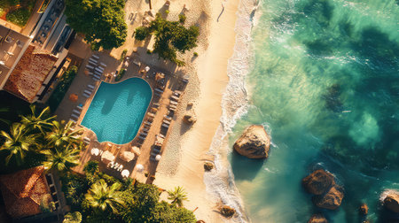 Experience the beauty of a tropical resort with a stunning aerial view showcasing a sparkling blue pool, sandy beach, and lush palm trees.の素材