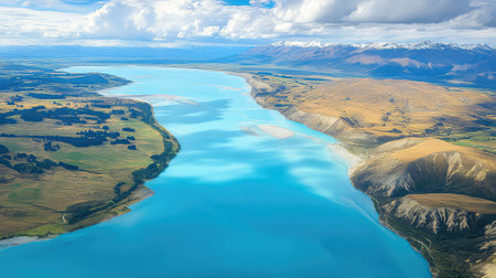 An enchanting aerial view showcases a turquoise river meandering through a lush green valley, flanked by rugged mountains under a blue sky filled with clouds.の素材