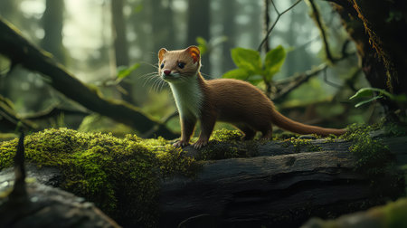 A captivating image featuring a brown weasel standing on a moss-covered log in a lush green forest. The soft light creates a serene atmosphere, showcasing the delicate beauty of wildlife in its natural habitat.の素材