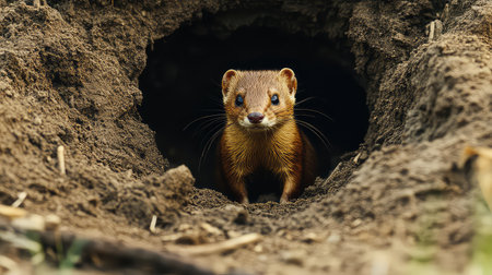 A small mammal peeks out from its burrow in a natural setting, showcasing its curiosity. The image captures the texture of the soil and the vibrant features of the animal, making it a striking representation of wildlife.の素材