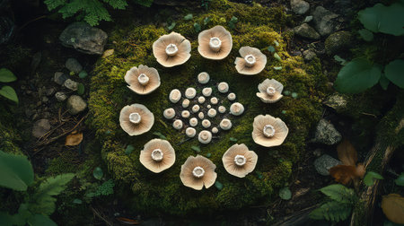 This stunning image features an intricate arrangement of mushrooms on a moss-covered forest floor, highlighting the beauty of nature and organic patterns.の素材