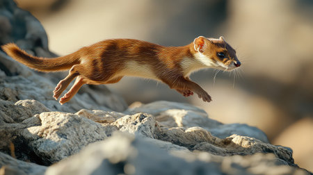 A lively animal leaps gracefully over rocky terrain, showcasing its agility and energy in bright sunlight. This stunning scene captures the essence of wildlife in motion.の素材