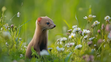 A charming European pine marten pauses in a lush meadow filled with wildflowers, showcasing its playful nature amidst a vibrant, natural environment.の素材