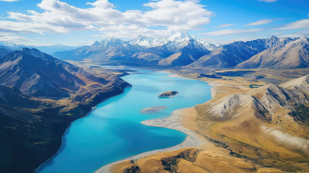 Captivating aerial perspective showcasing a stunning blue lake encircled by towering mountain ranges and flourishing valleys, ideal for nature lovers.の素材
