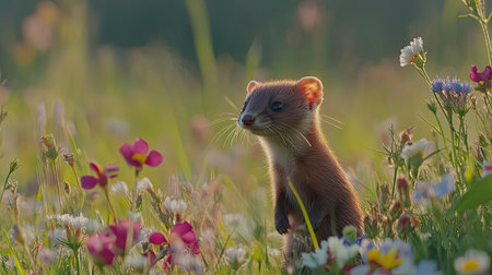 A small mammal stands amidst a vibrant meadow filled with colorful wildflowers, basking in gentle springlight. Perfect for nature enthusiasts.の素材
