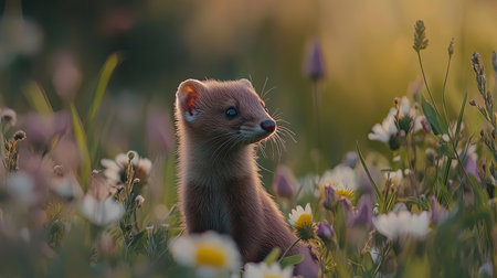 An adorable small animal stands amidst a field of wildflowers, illuminated by soft light during sunset. The scene captures the serene beauty of nature.の素材