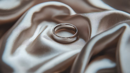 A beautifully crafted silver ring sits gracefully on luxurious satin fabric, symbolizing love and commitment. Perfect for wedding and engagement themes.の素材