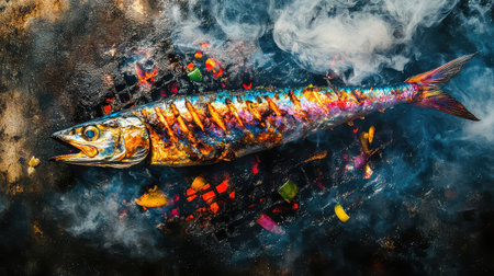 A vibrant grilled fish lays on a barbecue surrounded by colorful vegetables and swirling smoke, showcasing a delicious and appetizing meal perfect for outdoor gatherings.の素材