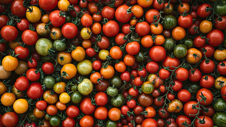 A stunning assortment of fresh tomatoes showcasing a vibrant blend of colors and sizes. Perfect for culinary creations or healthy meal presentations.の素材