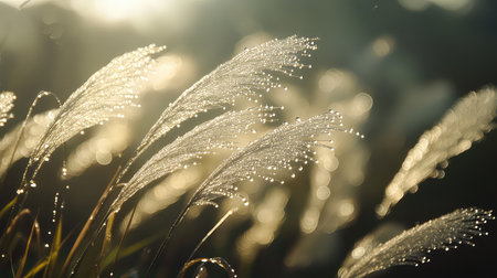 A stunning close-up image features grass blades adorned with morning dew, softly illuminated by golden sunlight. The bokeh effect adds a dreamy ambiance.の素材