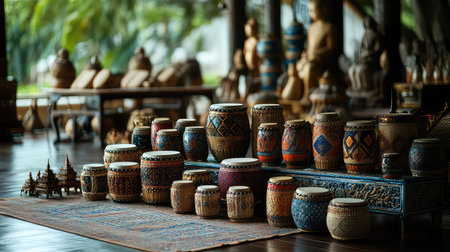A vibrant collection of handcrafted drums and decorative items showcases intricate patterns and cultural artistry in a serene interior space.の素材