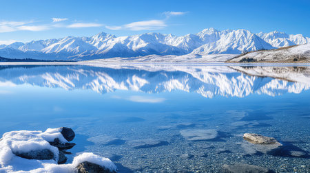 A stunning winter landscape featuring a calm lake reflecting majestic snowy mountains under a clear blue sky, creating a serene atmosphere.の素材