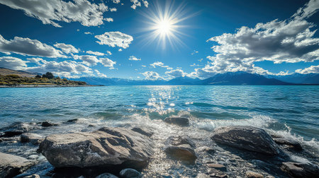 This captivating natural scene captures the beauty of a bright blue lake, rocky shoreline, and vibrant clouds, showcasing tranquility and wilderness.の素材