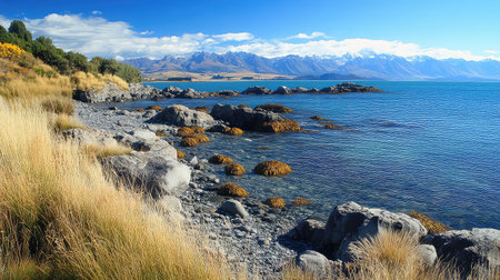 This stunning seaside landscape features a rocky shoreline bordered by tall grasses, with majestic mountains rising in the background under a clear blue sky.の素材