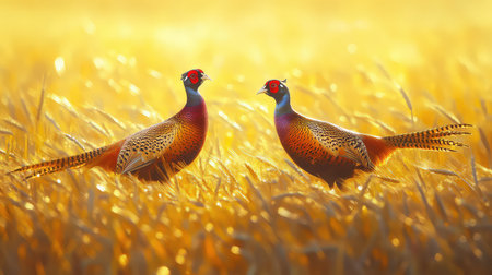 This stunning image showcases two colorful pheasants standing gracefully in a golden wheat field, illuminated by soft morning light. Perfect for nature lovers.の素材