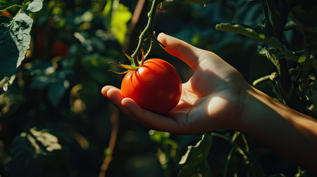 A hand gently cradles a vibrant red tomato within a lush garden, symbolizing fresh produce and organic farming. The sunlight highlights the earthy tones of the plants, showcasing the beauty of nature and the joy of gardening.の素材