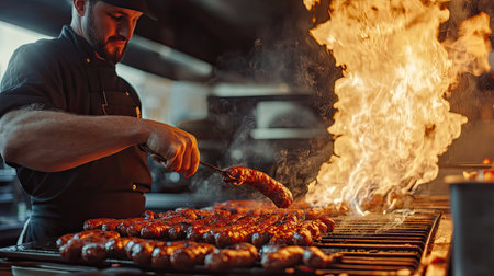A skilled chef expertly grills sausages over an open flame, capturing the vibrant essence of culinary creativity in a bustling kitchen. The scene radiates heat and flavor, showcasing the art of cooking.の素材