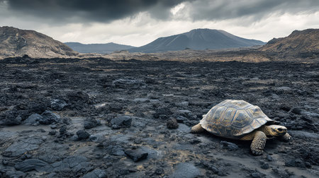 A tortoise navigates a rugged volcanic landscape beneath an overcast sky, capturing the essence of resilience and tranquility in nature's raw beauty.の素材