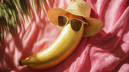 A fun and whimsical image featuring a banana wearing fashionable sunglasses and a straw hat, set against a vibrant pink background, perfect for summer themes.の素材