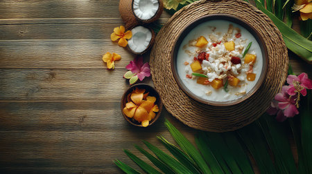 A vibrant tropical coconut fruit salad made with fresh ingredients, garnished with nuts and flowers, perfect for summer meals or special occasions.の素材