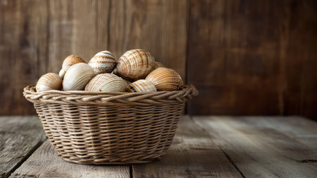 A woven basket filled with assorted shells rests on a rustic wooden table, showcasing natural textures and warm tones, perfect for seaside decor.の素材