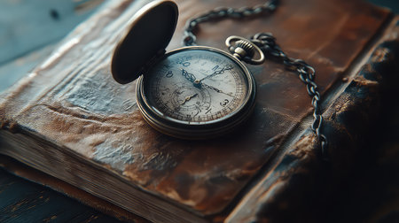 A beautifully detailed vintage pocket watch lies open on an aged leather-bound book. The warm tones create a rich nostalgic ambiance, inviting contemplation of time and history.の素材