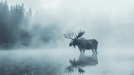 A lone moose stands gracefully in a misty lake, surrounded by a dense forest, creating a serene and tranquil moment at dawn. This captivating wildlife scene embodies the beauty of nature.の素材