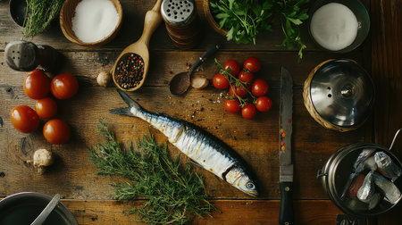 A top view shot showcasing a variety of fresh ingredients including fish, tomatoes, herbs, and spices arranged artfully on a rustic wooden table.の素材