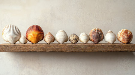 A serene composition featuring a variety of seashells displayed on a rustic wooden shelf against a soft, neutral background. Ideal for coastal themes.の素材