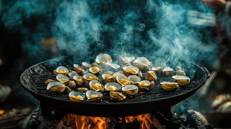 Fresh shellfish grilling over flames creates a smoky, flavorful scene. Perfect for summer gatherings and outdoor dining experiences with friends.の素材