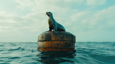 A majestic sea lion rests atop a weathered floating log in the expansive ocean, surrounded by tranquil waters and a stunning sky, showcasing nature's beauty.の素材
