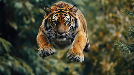 A stunning image of a tiger in mid-leap captures the power and grace of this majestic creature, set against a vibrant green backdrop of thick foliage.の素材