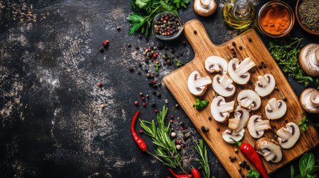 A beautifully arranged cutting board with freshly sliced mushrooms, accompanied by an assortment of spices and herbs, ideal for culinary enthusiasts.の素材